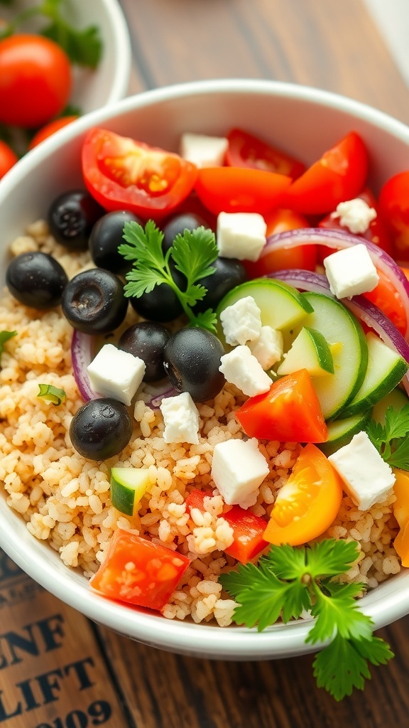 A colorful Mediterranean quinoa bowl with tomatoes, cucumber, red onion, olives, and feta cheese, garnished with parsley.